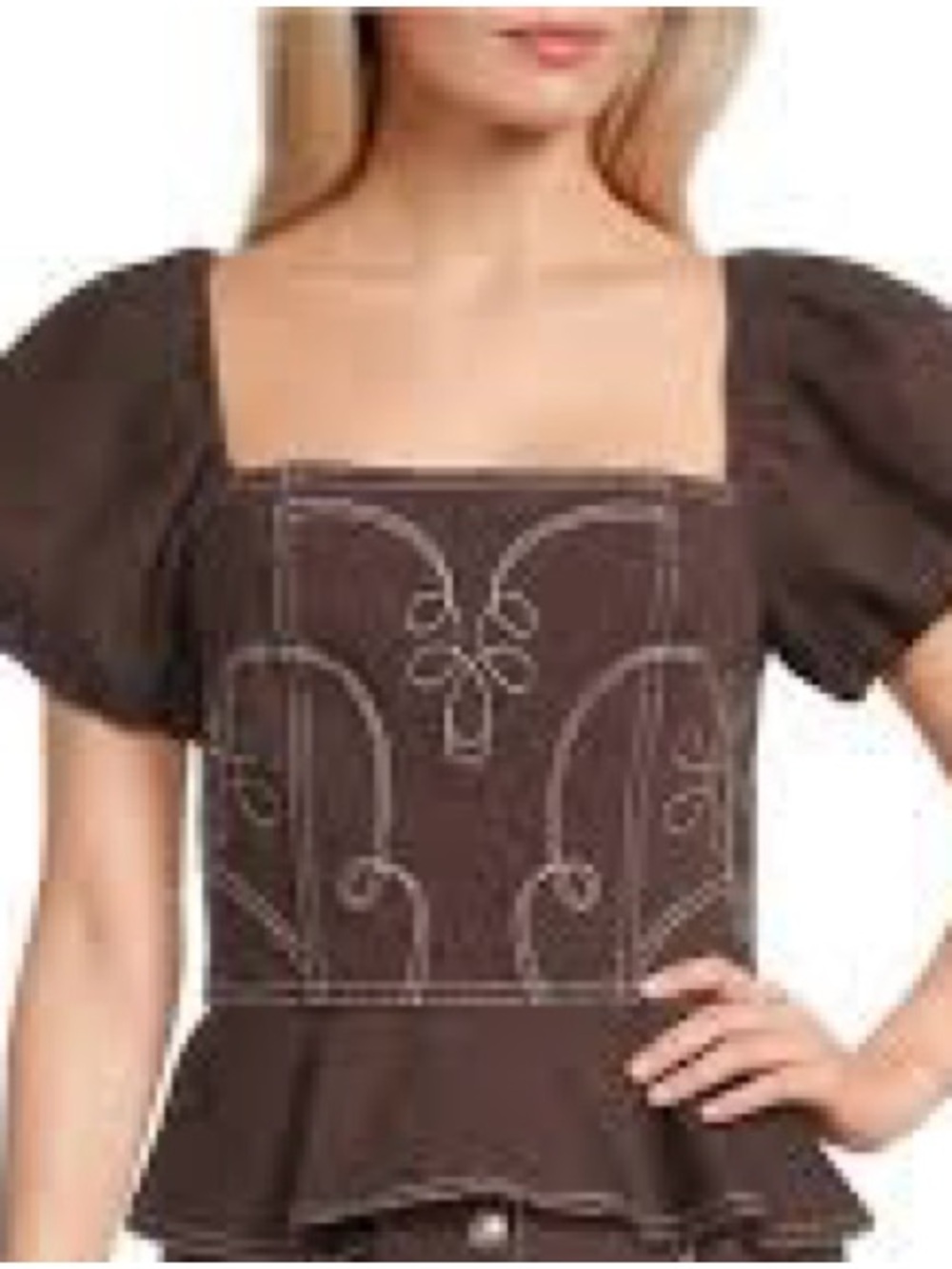 Gianni Bini Brown Square-Neck Puff Sleeve Peplum Top